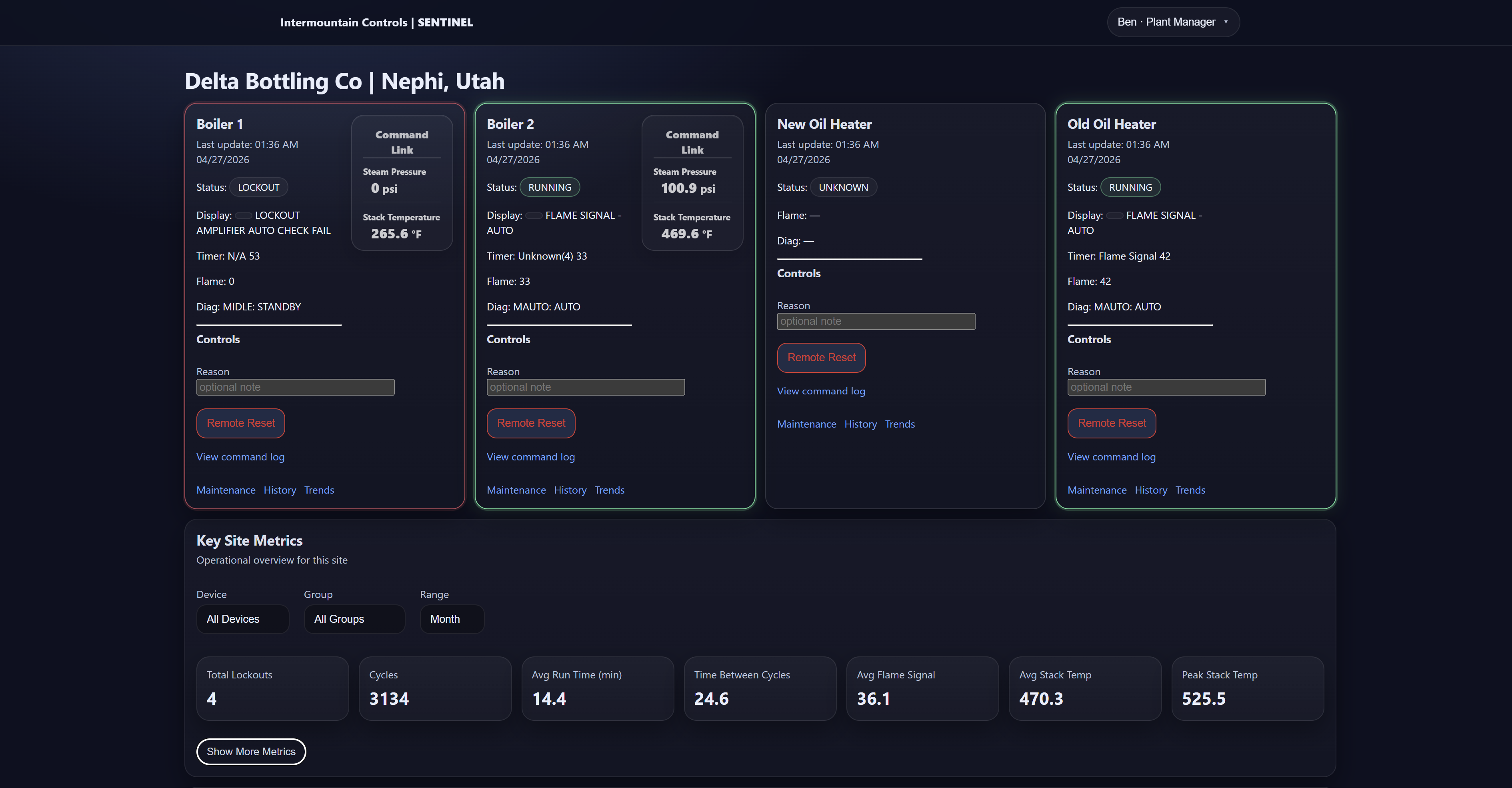 Sentinel dashboard preview showing a sample customer site with boiler status cards, lockout status, and site metrics
